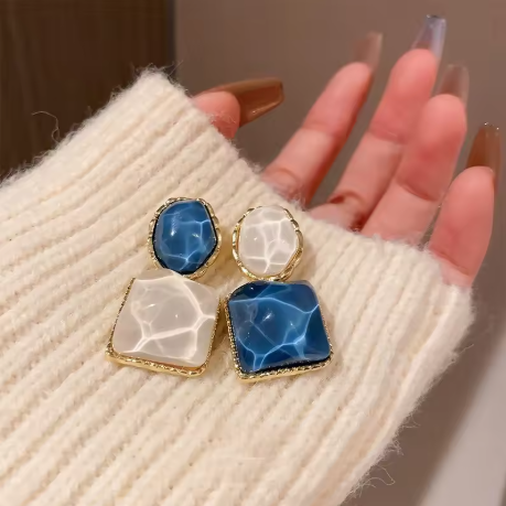 Blue White Geometric Drop Earrings